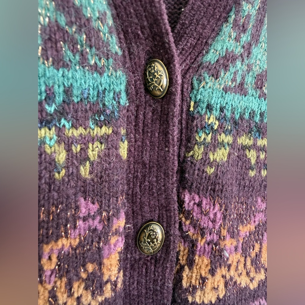 Vintage Koret Patterned Knit Sweater Vest Purple Teal Button Up Grandmacore M - Picture 5 of 9